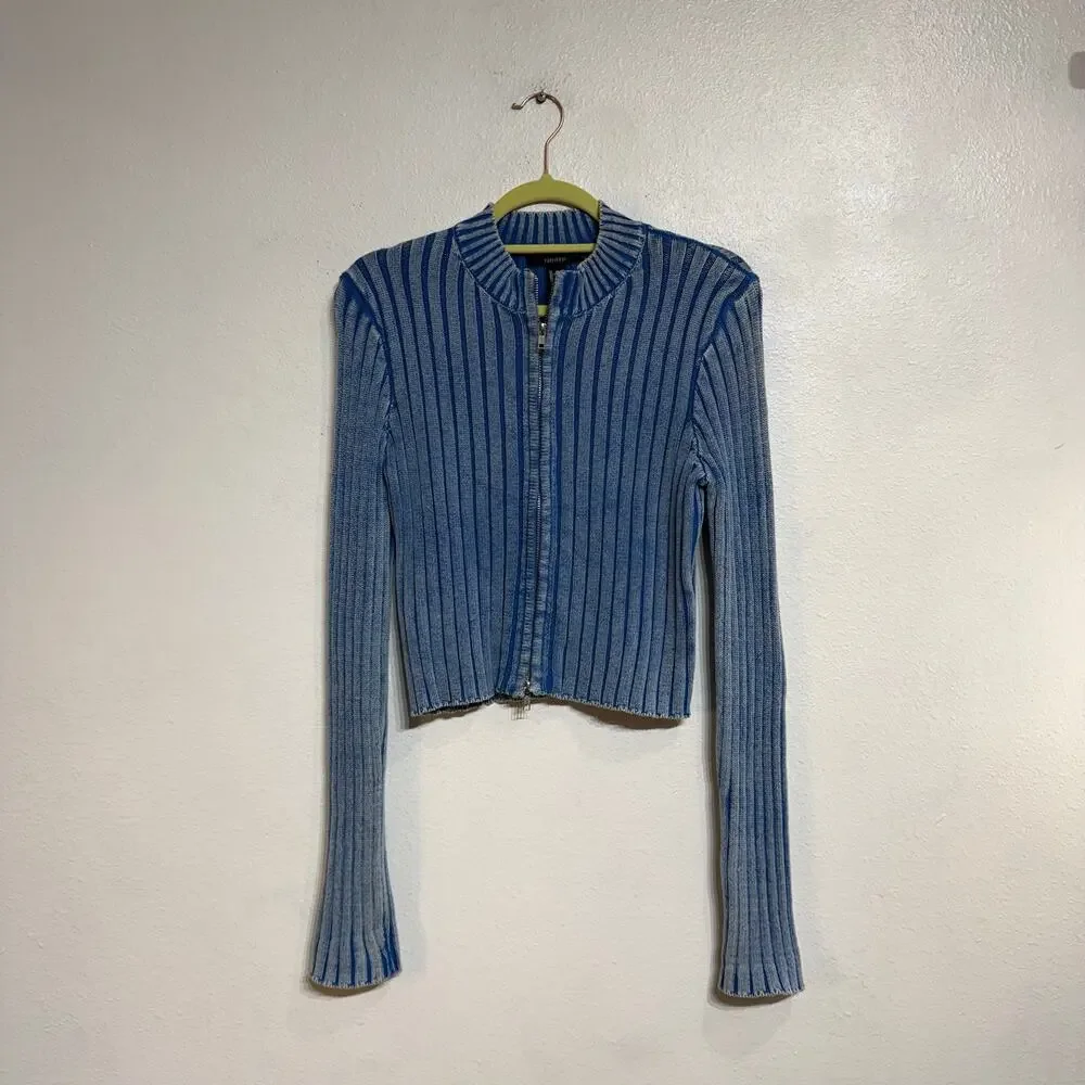Forever 21 Blue Ribbed Full Zip Sweater Cropped Mock Neck Zip Up Sz L